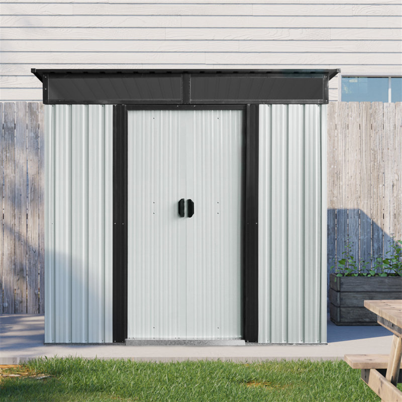 6Ft X 5Ft Outdoor Metal Storage Shed With Lockable Sliding Doors And Transparent Plate For Garden, Lawn, White/Black