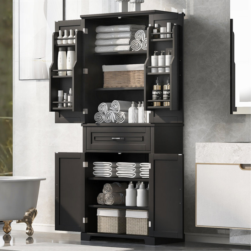 Bathroom Storage Cabinet With Doors And Drawer, Multiple Storage Space, Adjustable Shelf, Black, Black