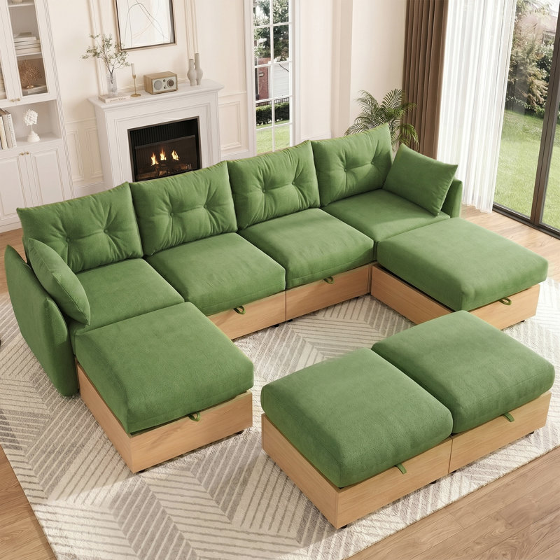 Canapé-lit modulaire en L 120 po avec rangement 120 po, canapé-lit modulaire convertible avec méridienne réversible, canapé Cloud à assise profonde, canapé de salon rembourré vert olive avec base en grain de bois
