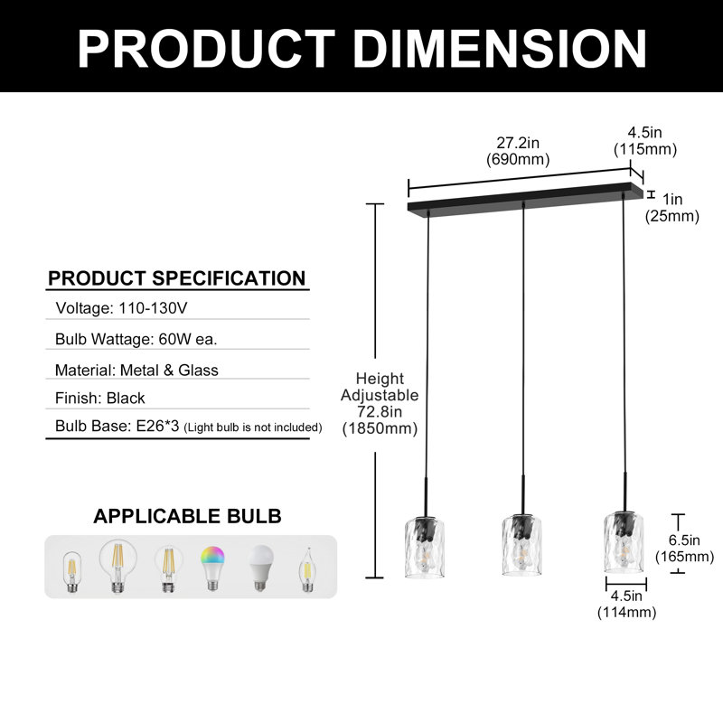 Luminaire suspendu pour îlot de cuisine 3 lumières Saniya
