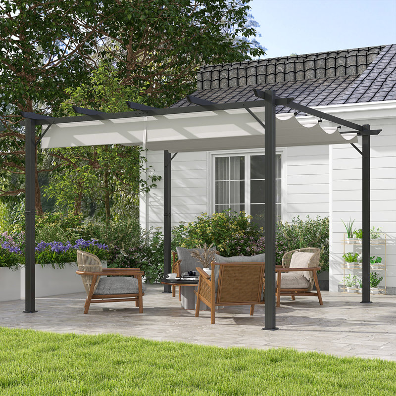 3 X 3m Aluminium Pergola Canopy, Retractable Roof Gazebo, Uv Resistant Awning With Drainage Grommet Holes & 8 Ground Stakes, Outdoor Garden Patio Sun Shade For Party Bbq, Light Grey