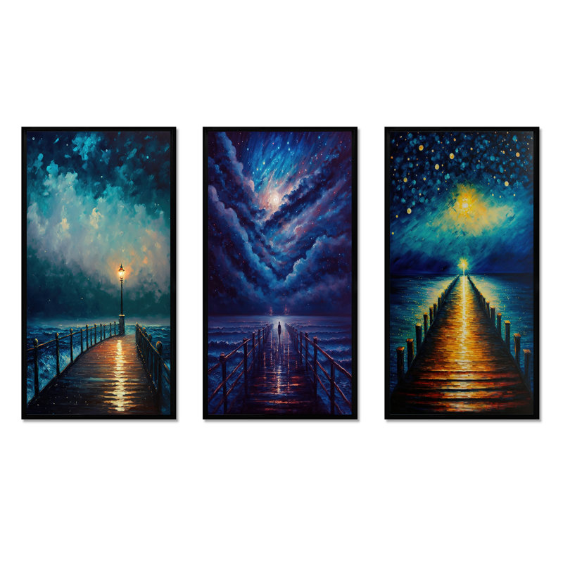 «Lumière au bout de la jetée pendant la nuit orageuse», 3 pièces sur toile, Cadre flottant noir, H 40 po x l 60 po