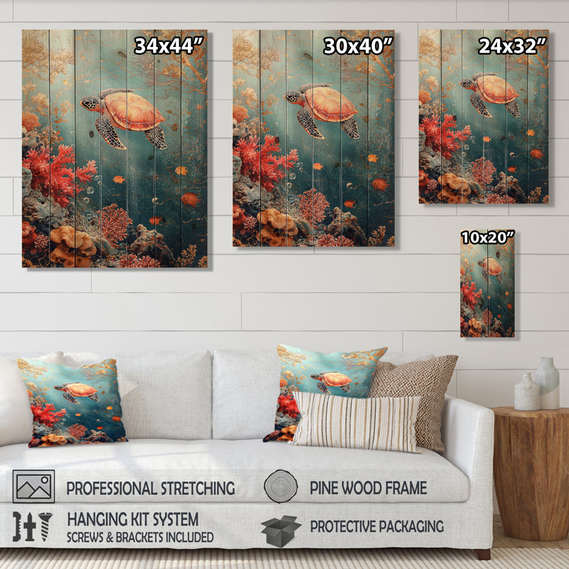 Aquarium, tortue, corail, sanctuaire IV - reproduction de bois animal tortue - sur bois de pin naturel