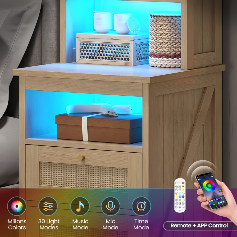 2 Drawers Nightstand Set of 2 with Bookshelves & Charger & LED Open Cubes 51.6 x 17.8'' , Wood, 2