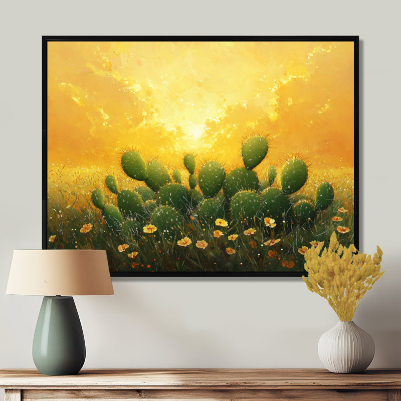 Cactus dans la lumière dorée III - cactus, art mural, H 34 po x l 44 po, Cadre flottant, Noir