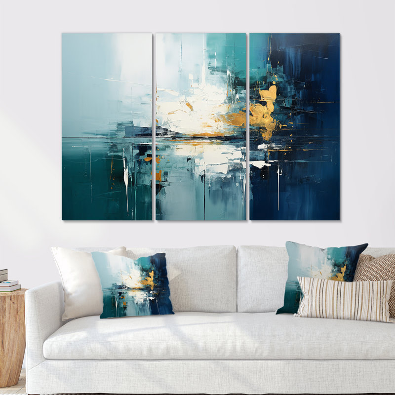 Golden Horizon Indigo Blue Gold - ensemble de reproductions d'art abstrait, Toile tendue, H 32 po x l 48 po x P 1 po