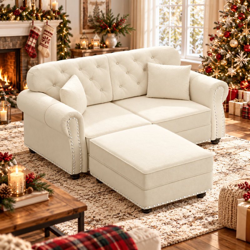 Canapé Chesterfield de 63 pouces de style Mid-Century avec repose-pieds, accoudoirs roulés et garniture cloutée, Blanc beige