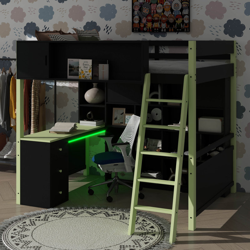 Lit mezzanine double en bois avec bureau et tiroirs, lit mezzanine avec beaucoup de rangement et éclairage, Vert