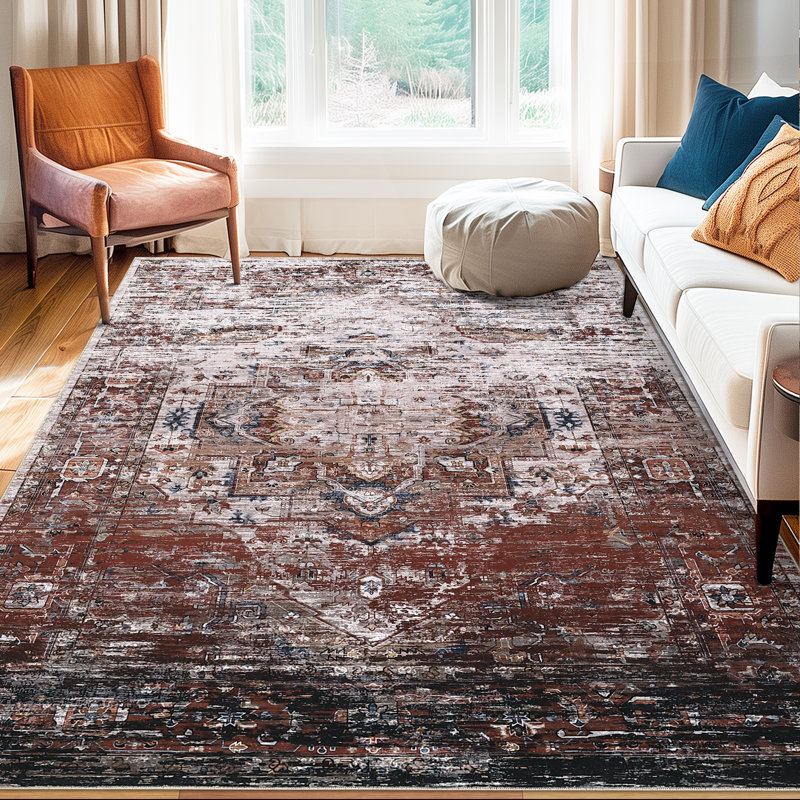 Washable Vintage Distressed Ombre Area Rug - Non-Slip, Soft Low Pile Carpet for Living Room, Brick Red, 4x6ft, Brick Red