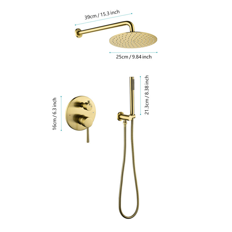 Brushed Gold Shower Faucet - Bathroom Wall Mounted With High 10" Stainless Steel Rain Head And Handheld Shower, 2 Way Balance Valve Kit