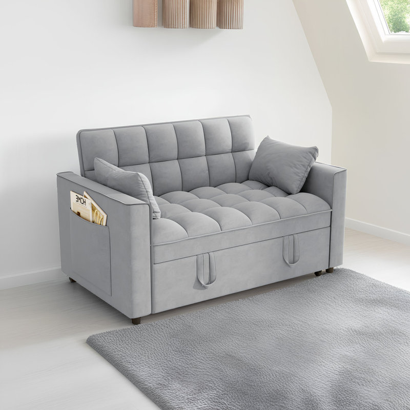 Canapé-lit convertible en velours avec dossier inclinable et poches de rangement, causeuse peu encombrante, Gris