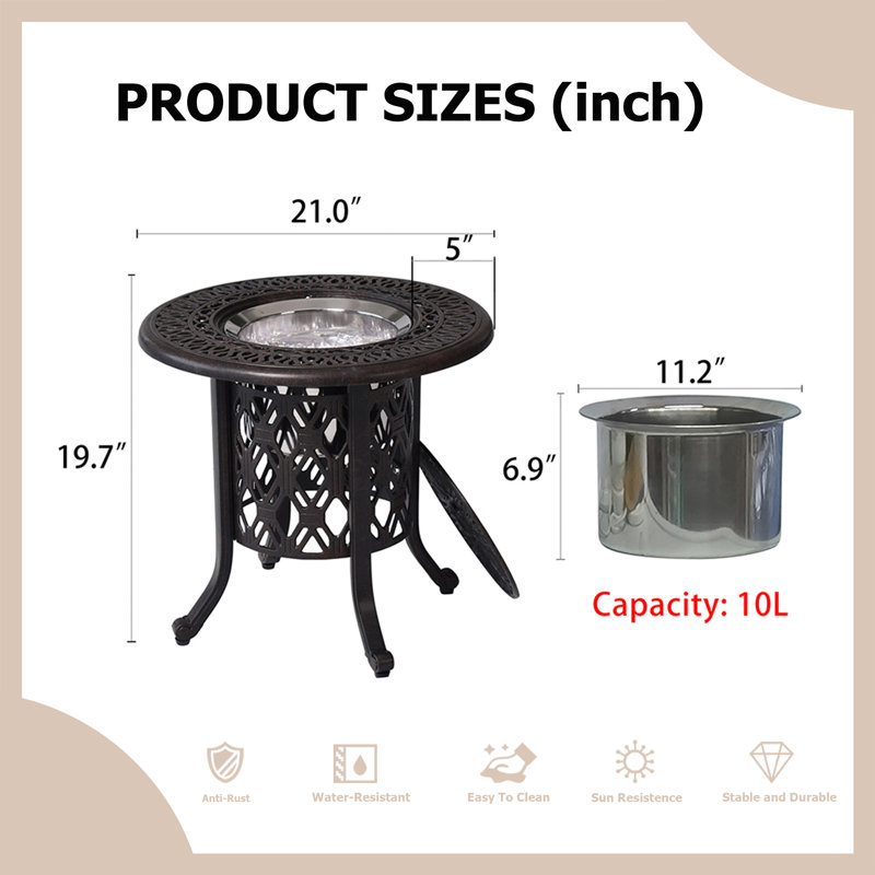 Table d'appoint intérieure et extérieure 21 po avec seau à glace amovible