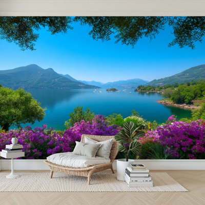 Peel and Stick Wallpaper 96" W x 69" H Modern Self Adhesive Wall Mural for Bedroom Scenic Lake View Greenery Vibrant Purple Flowers