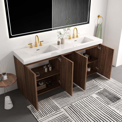 Meuble-lavabo autoportant contemporain avec lavabo à quartz intégré et grand espace de rangement