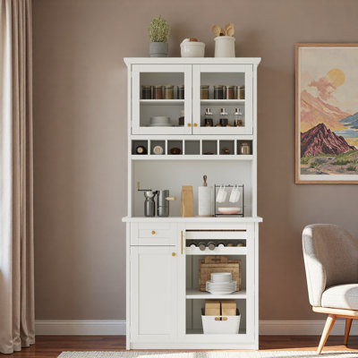Buffet autoportant avec huche Farmhouse, armoire de cuisine de 35,4 po de hauteur avec support à vin, tablettes réglables et portes en verre pour le rangement de la salle à manger