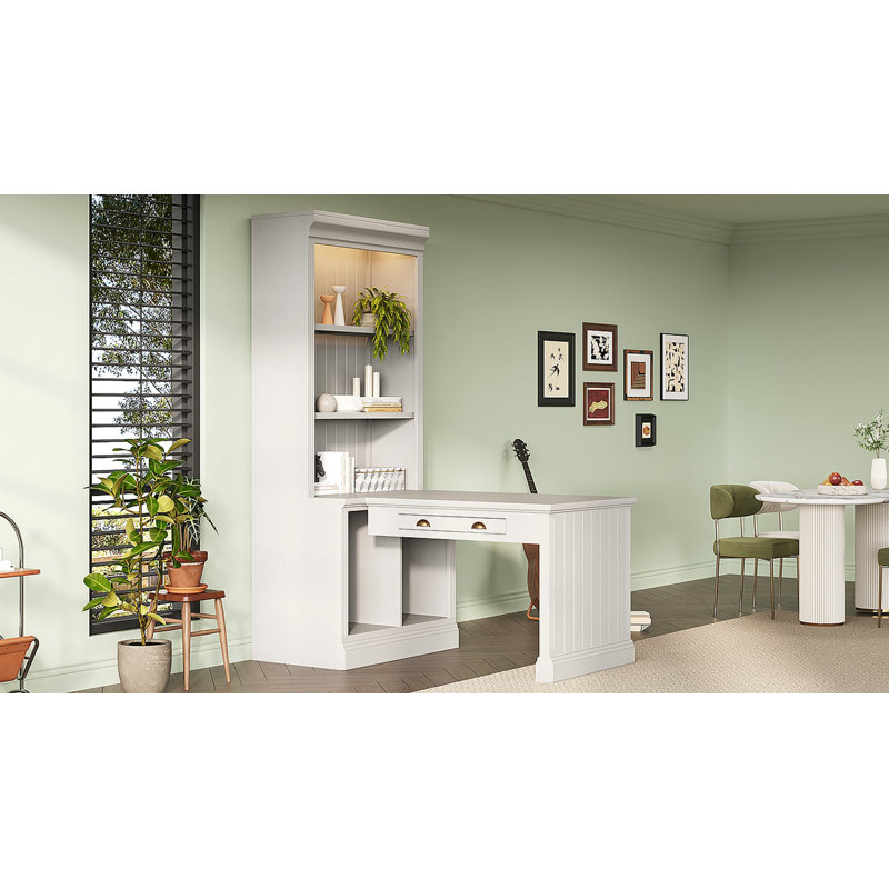 83.4"Tall Bookshelf With Writing Desk, Modern Bookcase With Study Desk, Workstation With Storage Shelf,Storage Bookcase With Open Shelves And LED Lighting For Living Room,Home Office