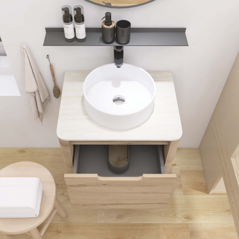 Meuble-lavabo mural en contreplaqué pré-assemblé avec plateau en pierre frittée, tiroir et lavabo rond en céramique, couleur grain de bois chêne blanc