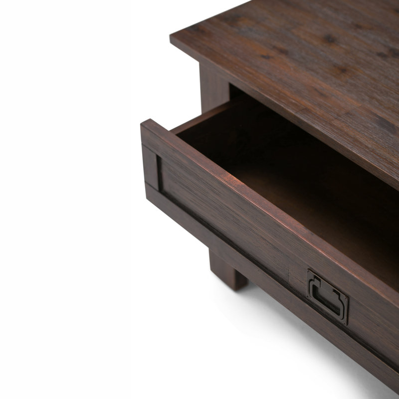 Table basse carrée rustique en bois d'acacia massif l 38 po avec 2 tiroirs et tablette ouverte Monroe, Brun charbon