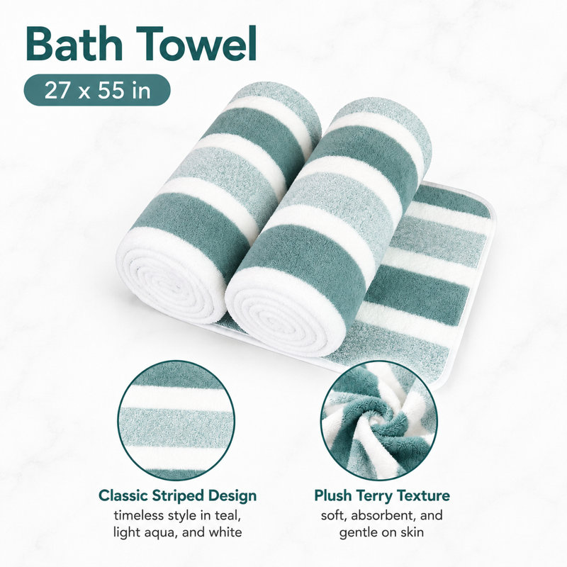 Ensemble de serviettes en microfibre pour salle de bain, 2 pièces 27 po x 55 po, Vert rayé