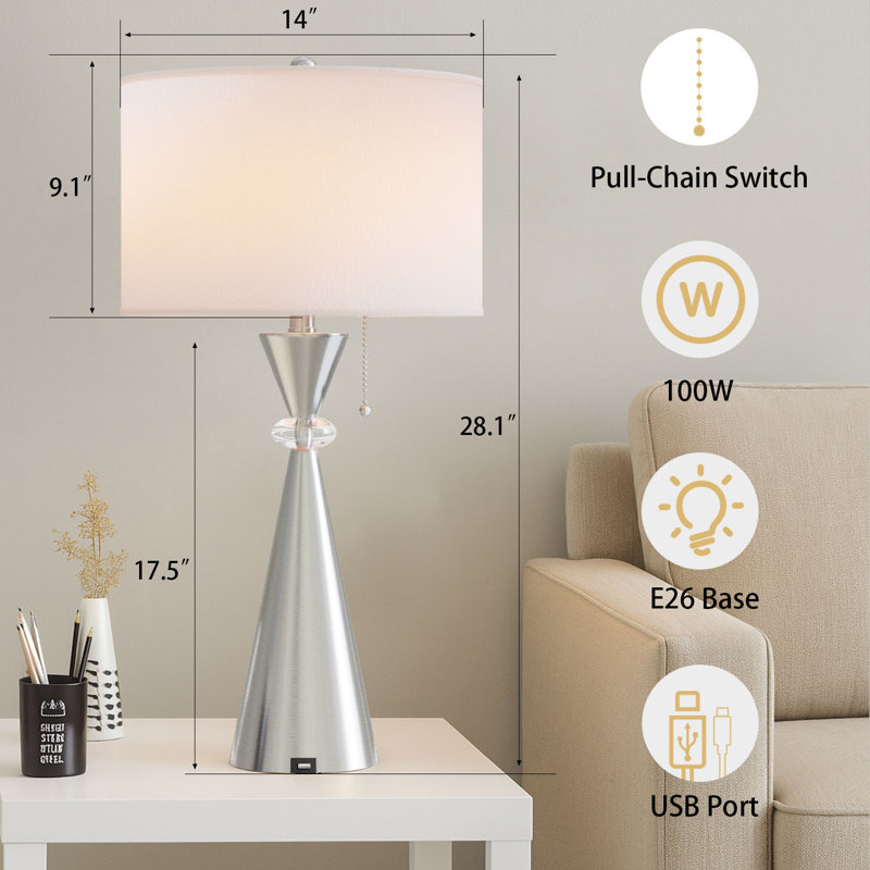 Lampe de table moderne en métal doré poli avec port USB 28 po Warrnambool pour salon de chambre à coucher, Nickel poli