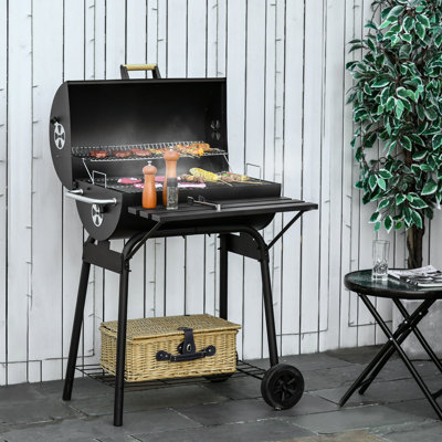 Barbecue portatif au charbon 30 po - Barbecue extérieur en acier avec tablette de rangement noir et roulettes pour le camping