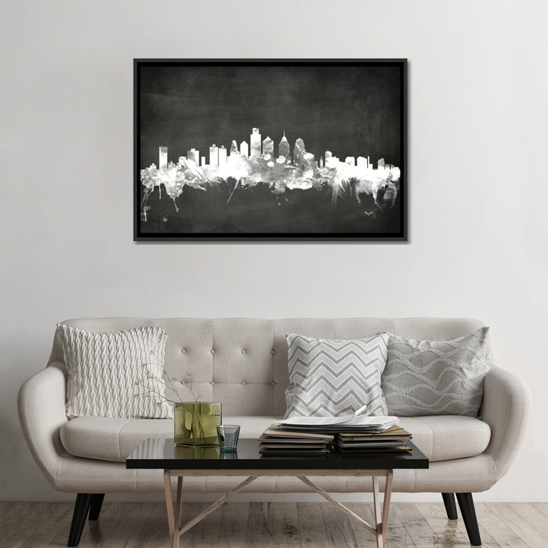 «Blackboard Skyline Series: Philadelphia, Pennsylvania, USA», reproduction d'art sur toile tendue, Toile avec cadre noir