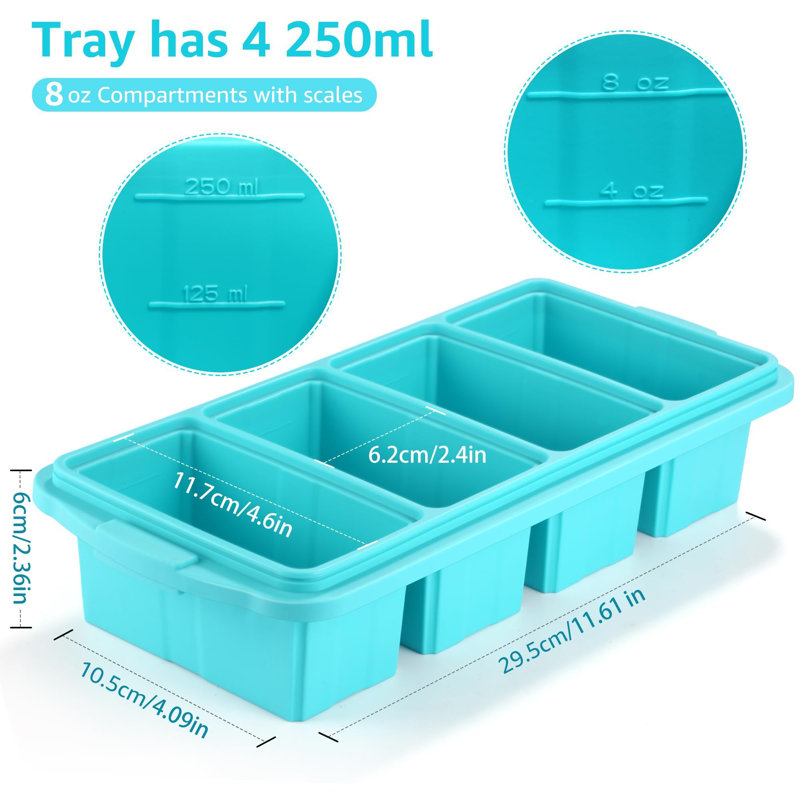 Plateau de congélateur en silicone avec couvercle - Moules pour aliments de congélateur en silicone - Grand plateau de glaçons, paquet de 4 contenants de congélateur en silicone, soupe à congeler et à ranger, sauce, bouillon, restes - donne 4 tasses parfaites