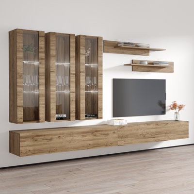 Vredenburgh 126" Modern Floating Wall Mounted Entertainment Center with 16-Color LED Lighting, High Gloss Finish