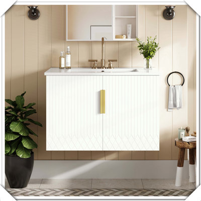 Meuble-lavabo simple rétro avec lavabo en céramique 3 trous