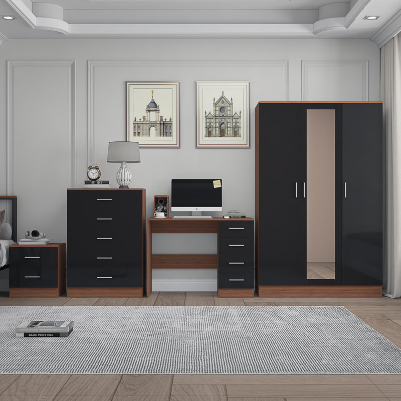 Eva Piece Bedroom Set, Black Gloss / Walnut