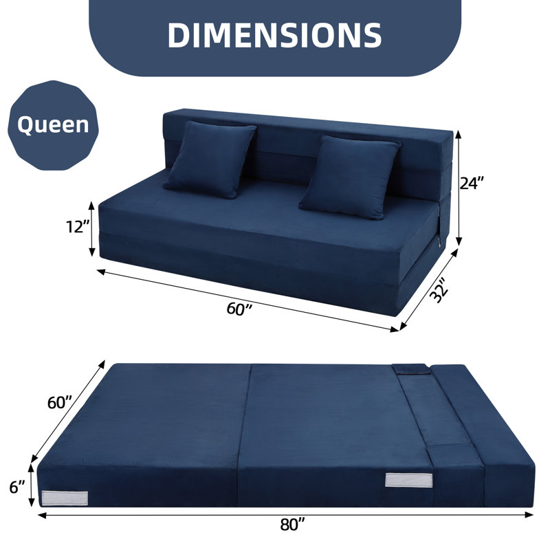 Queen Size Convertible Folding Sofa Bed with Memory Foam, Pillow & Washable Cover, Multi-Use Sleeper Chair for Guest Room, Blue