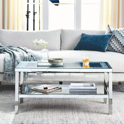 Table basse à 2 couches en acier inoxydable avec miroir en cristal pour le salon, le bureau ou la boutique | Idée de cadeau