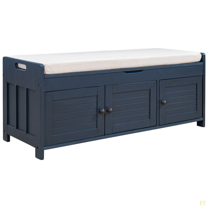 Storage Bench With 3 Shutter-Shaped Doors, Shoe Bench With Removable Cushion And Hidden Storage Space, Antique Navy