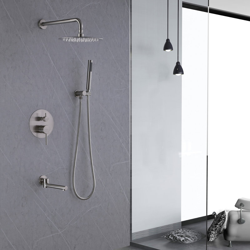 Robinet pour baignoire et douche haute pression à une poignée et 3 jets ronds en nickel brossé (valve incluse)