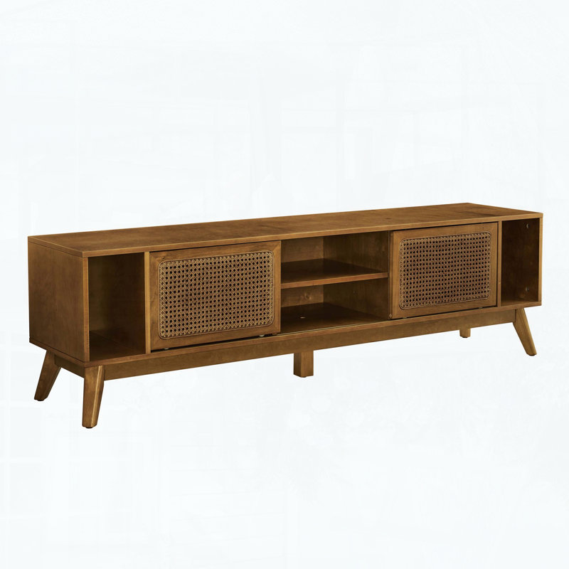 Meuble télé Mid-Century en rotin pour téléviseur de 75 po ou moins, avec portes coulissantes et pieds en bois massif