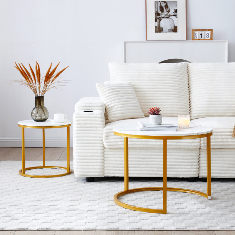 Set 2 Coffee Table Nesting White And Gray Top Frame Circular Round And Marble Pattern Wooden Tables