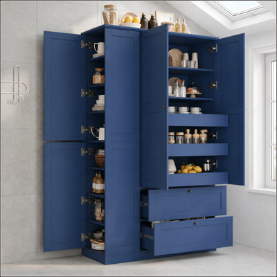 Grand garde-manger de style campagnard avec 8 tablettes, 2 tiroirs, 3 plateaux coulissants, 4 portes et armoires latérales pour un rangement et une organisation efficaces