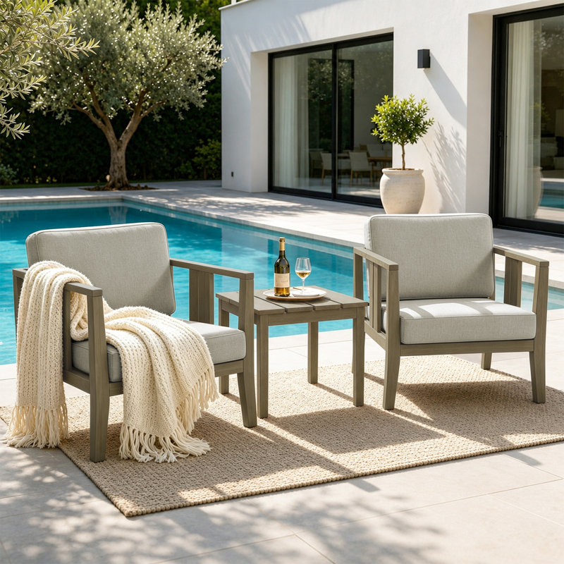 Junco Teak Outdoor Two-Person Patio Set With Cushions And Side Table, Brown, Light Camel