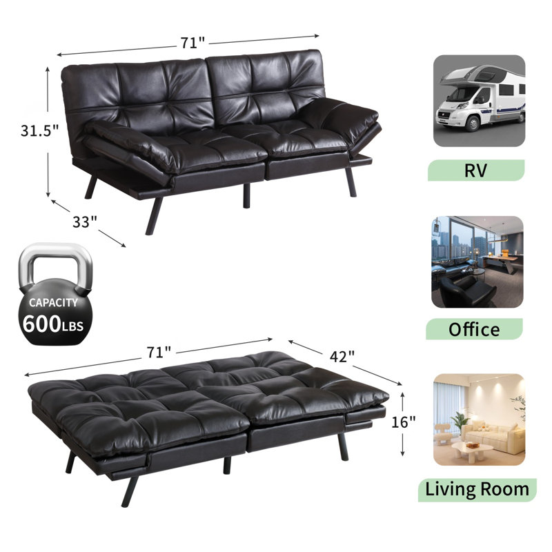 71 Inch 3-In-1 Futon Couch Sofa Bed - Easy Assembly Sleeper For Overnight Guests, Black