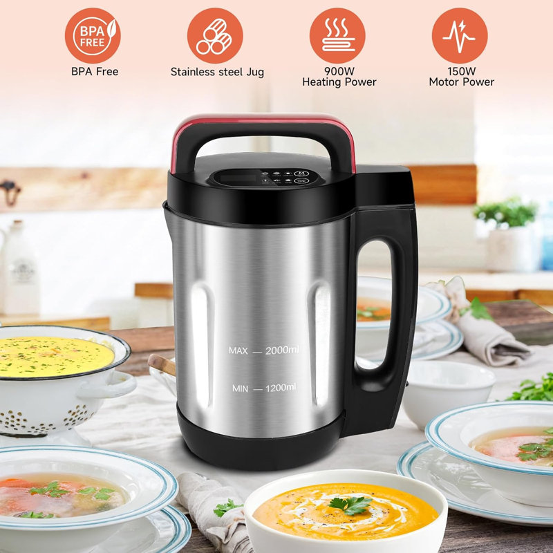 Machine à soupe 2 L, mélangeur chauffant 6 en 1 Smoothie avec autonettoyant, Rouge / Noir
