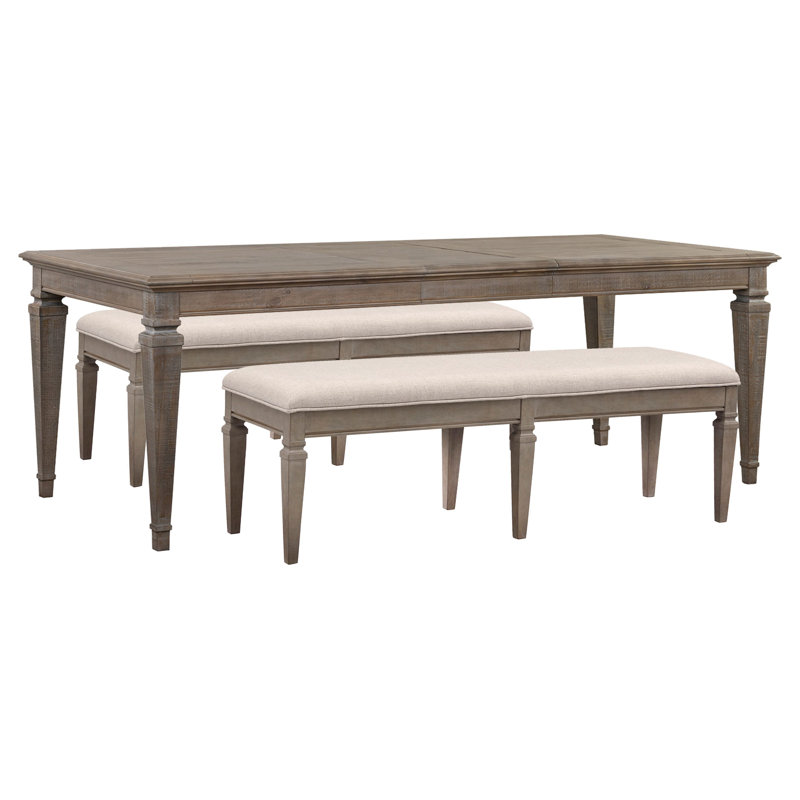 Extendable Rectangular Dining Table With 2 Benches, 3 Pcs: Table, 2 Benches, Brown/Beige