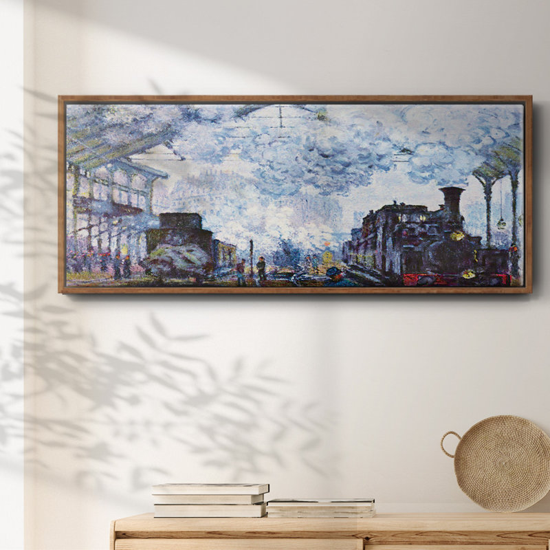 «Saint Lazare Station In Paris», arrivée d'un train par Monet sur toile, H 24 po x l 60 po x P 1,5 po, Toile avec cadre noyer