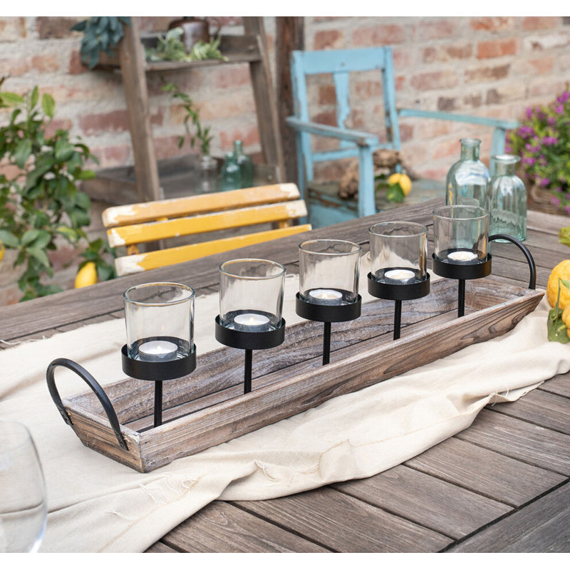 Centre de table candélabre à 5 piliers avec coupes en verre et plateau en bois rustique