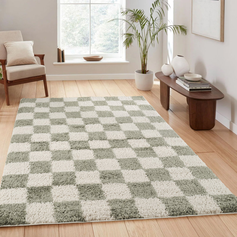 Chester Living Room Shaggy Area Rug Modern - Contemporary Checkered Design 30Mm Plush Pile Jute Backing Soft Woven Carpet -Hallway Indoor Rug, Sage