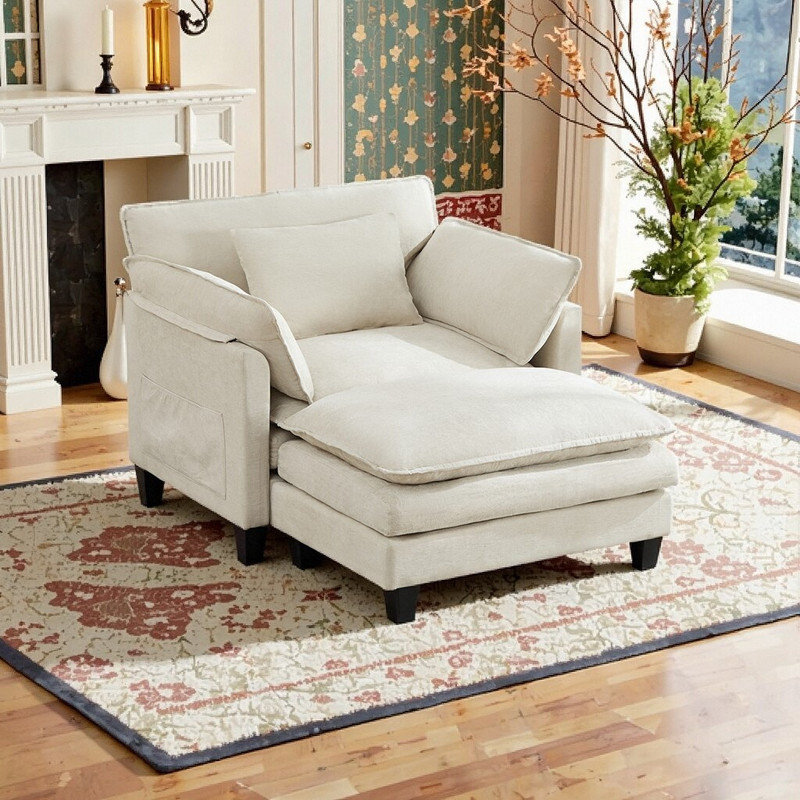 Fauteuil d'appoint de 42 pouces de large avec structure en bois massif de repose-pieds amovible et coussin double couche
