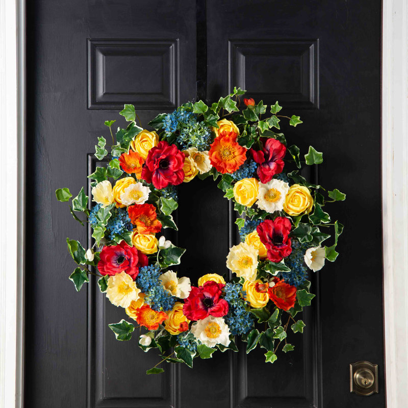 Couronne de soie jaune dahlia, saumon, astromenia, rouge Zinnia et baie, H 26 po x L 26 po x P 5 po