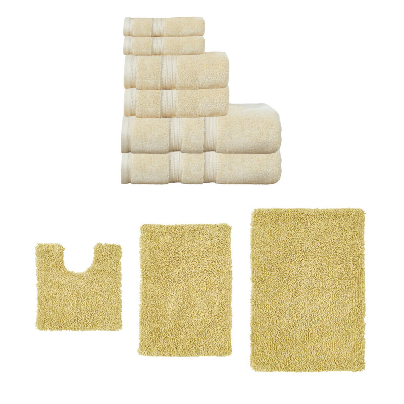 Ensemble de serviettes de bain 6 pièces et de tapis de bain 3 pièces Bruno Collection 100% coton doux (ensemble de 9), Jaune