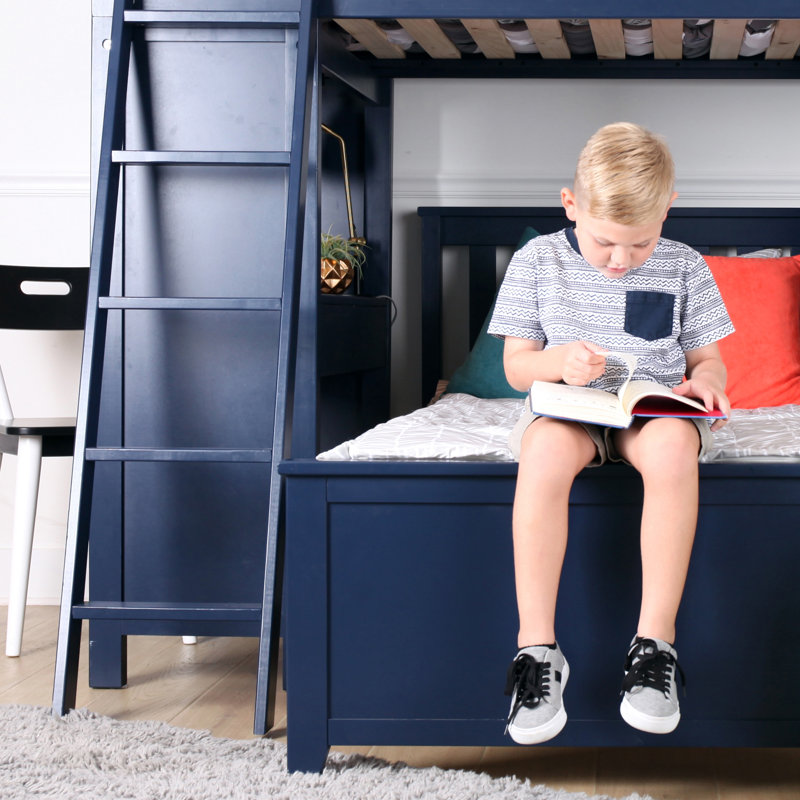 Lits simples superposés en bois massif en forme de L avec bureau intégré Buhr, Bleu