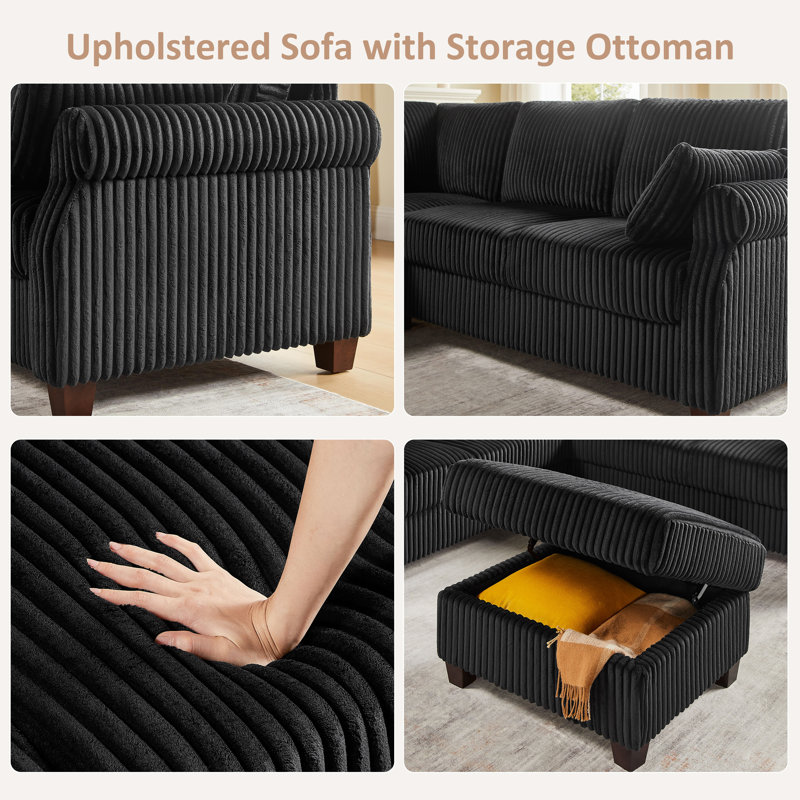 90.55’’ Upholstered Sofa With Storage Ottoman, Black Polyester