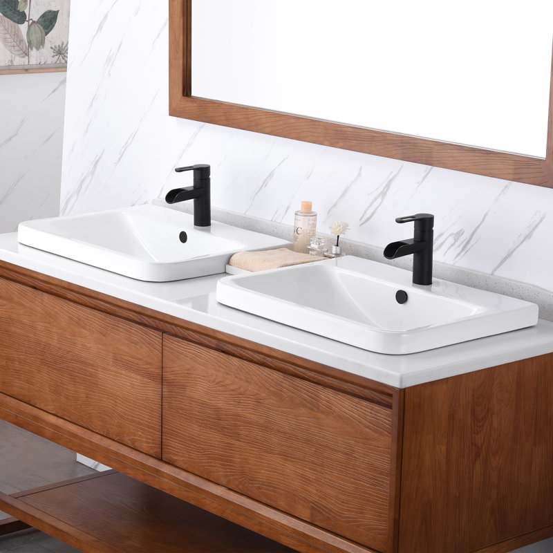 White Ceramic Rectangular Drop-In Bathroom Sink with Overflow